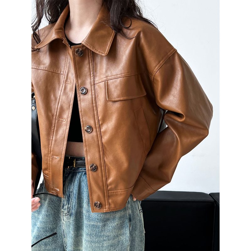 Elegant Brown Faux Leather Coat | Fall Motorcycle Jacket