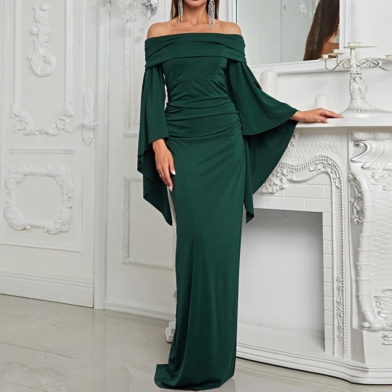 Off-Shoulder Long Sleeve Slit Evening Dress