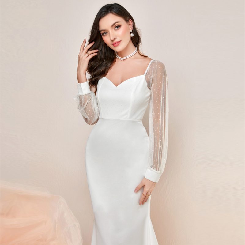 Elegant French Mesh Sleeves Fishtail Dress