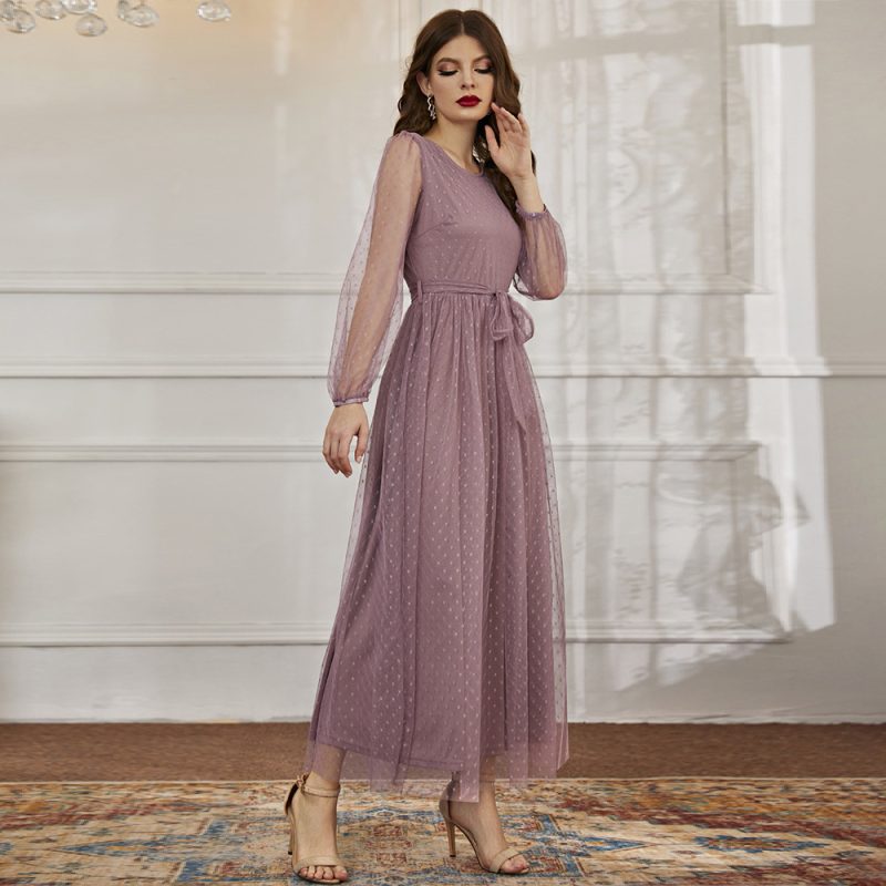 Gauze Round Collar Slim Fit Maxi Dress