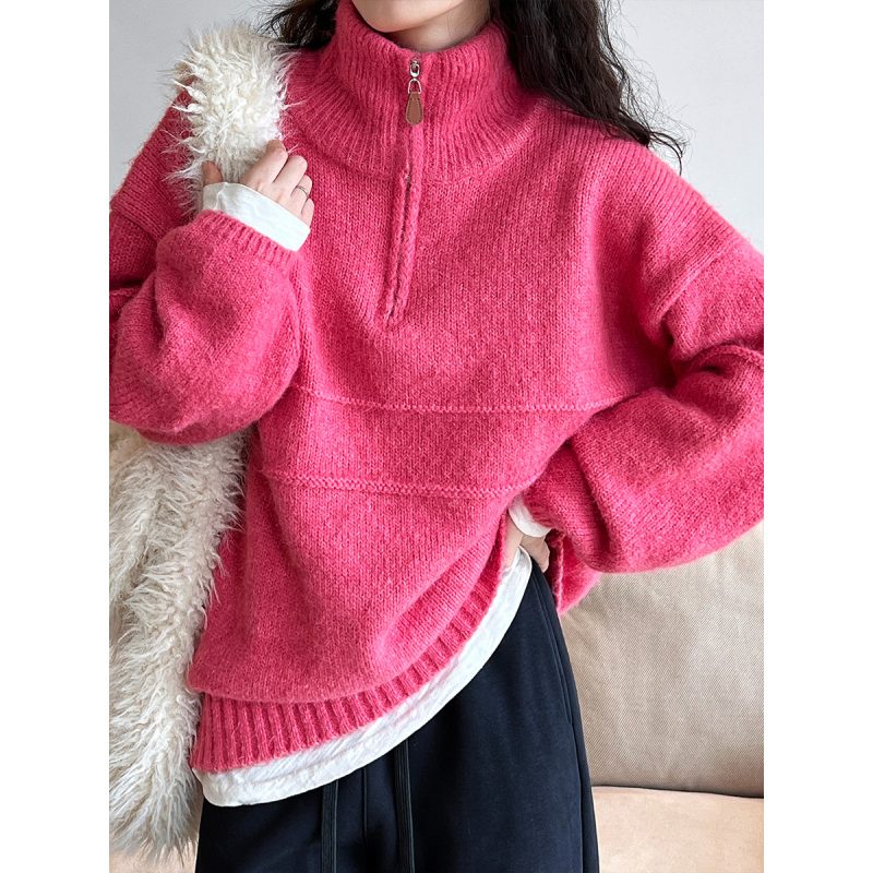 Lazy Loose Pink Zip Sweater | Half Turtleneck, Thickened