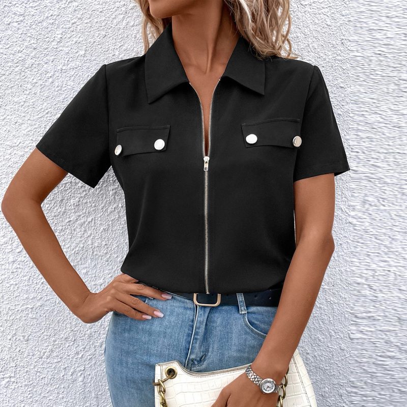 Zipper Short Sleeve Shirt - Women's Stylish Top