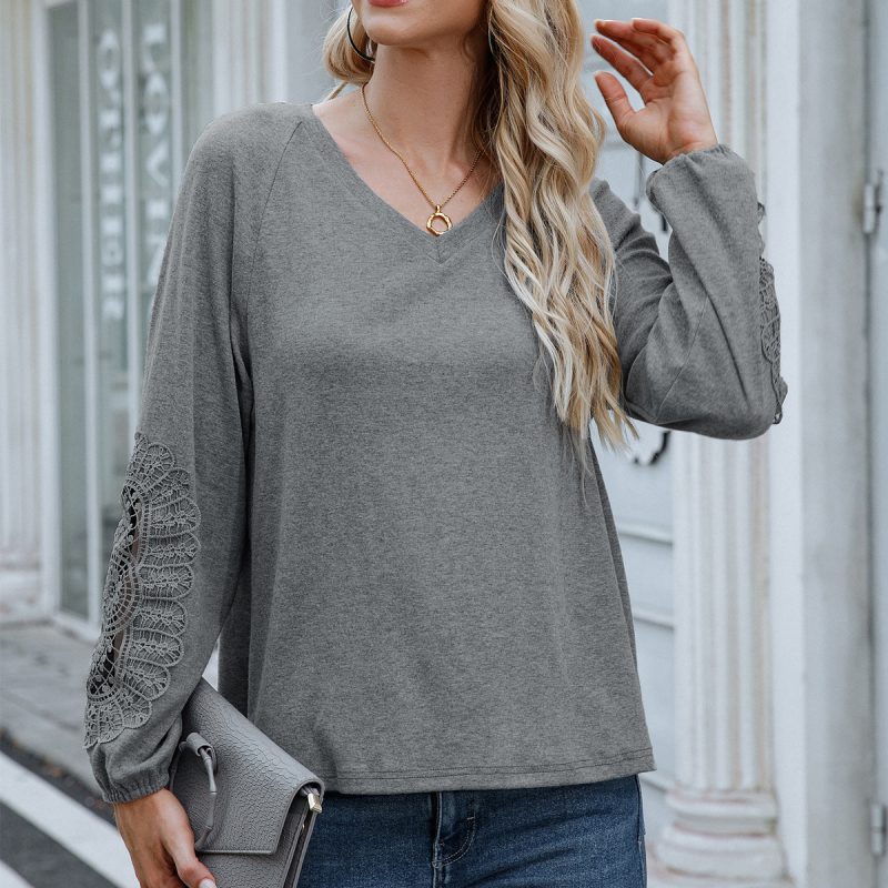 Lace-Trim V-Neck Long Sleeve Tee