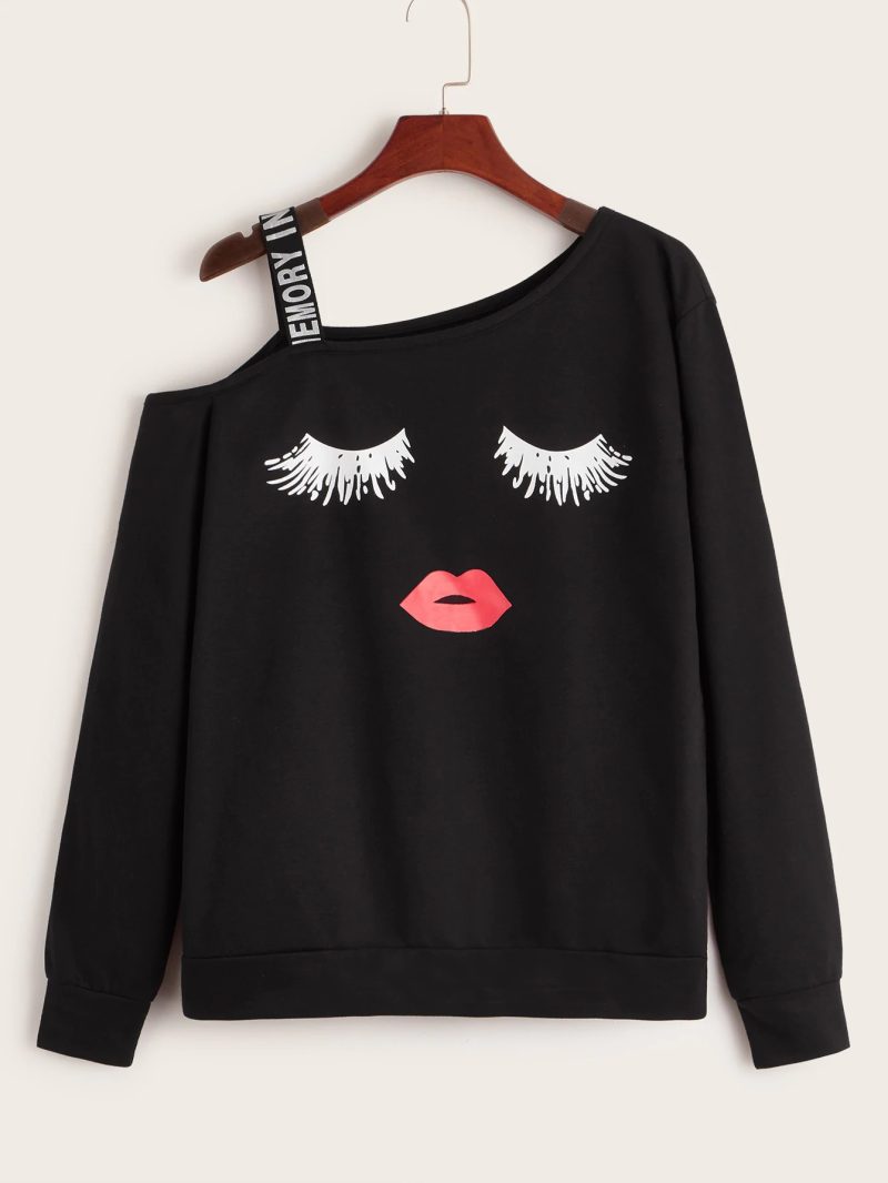 Lip Eyelash Print Off-Shoulder Sweater - Autumn/Winter