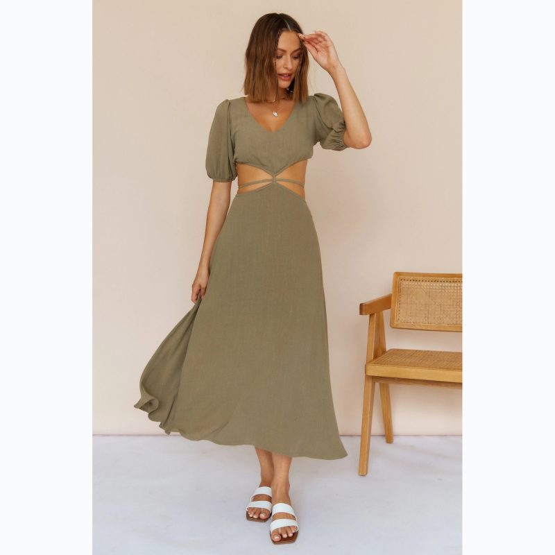 Spring Summer Solid Color High Waist Mid-Length Dress