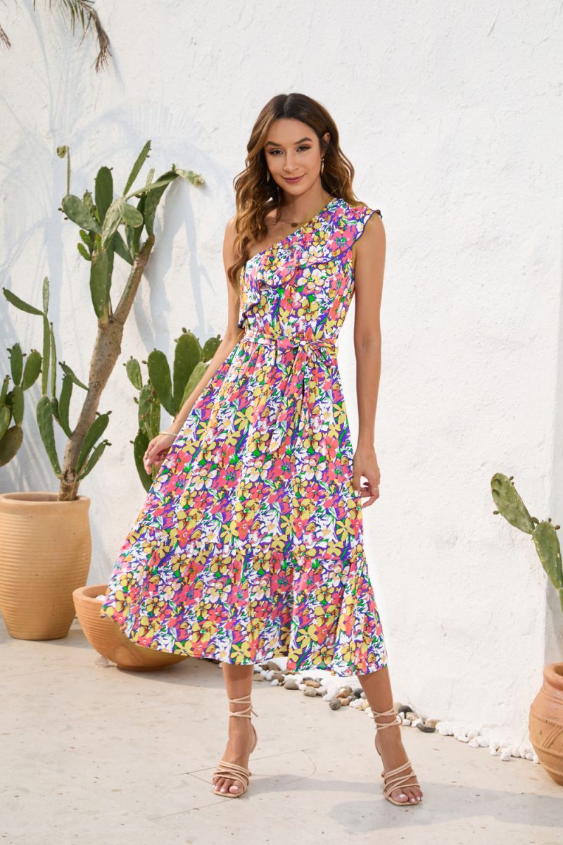 Floral Print Diagonal Shoulder Swing Dress | Casual Vacation Style