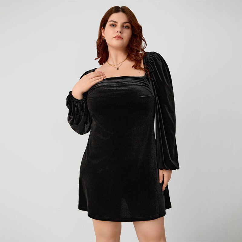 Plus Size Square Collar Velvet Fit Dress