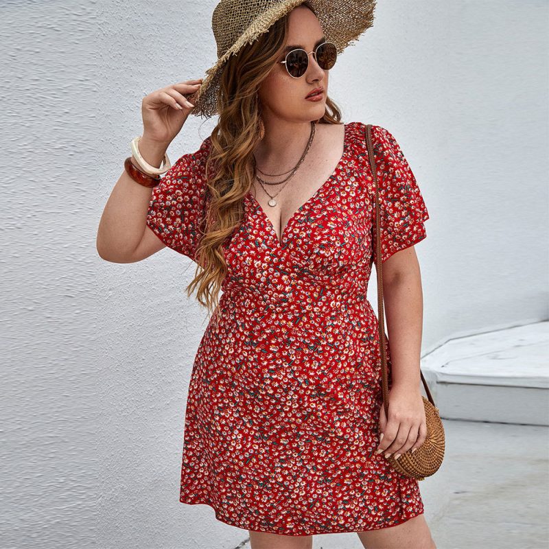 Plus Size Sexy V-Neck Floral Dress