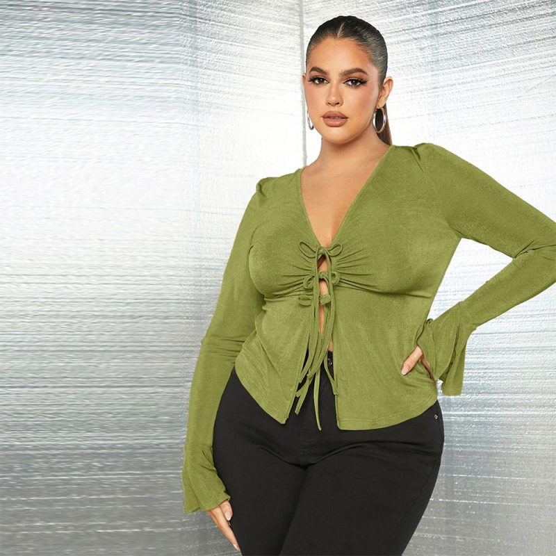 Plus Size V-Neck Lace-Up Knit Office Top