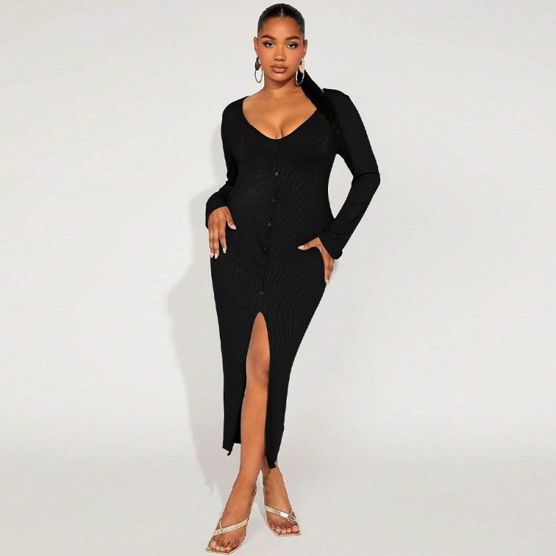 Plus Size Sexy Split V-Neck French Long Sleeve Dress