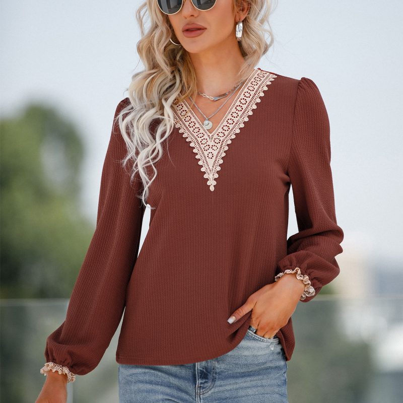 Lace Stitching Loose Fit V-Neck Top: Exclusive