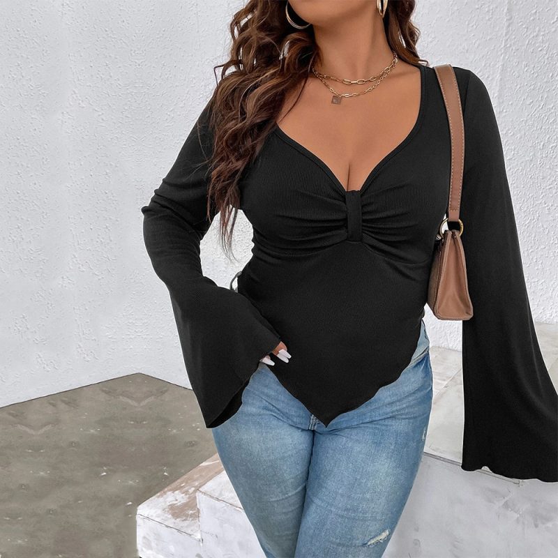 Plus Size Slim Irregular Bell Sleeve Top