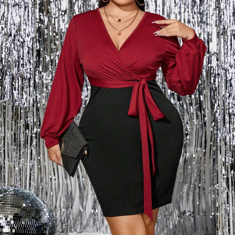 Plus Size V-Neck Contrast Long Sleeve Dress