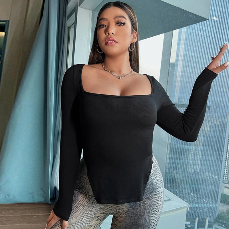 Plus Size Slim Fit Slit Square Collar T-Shirt