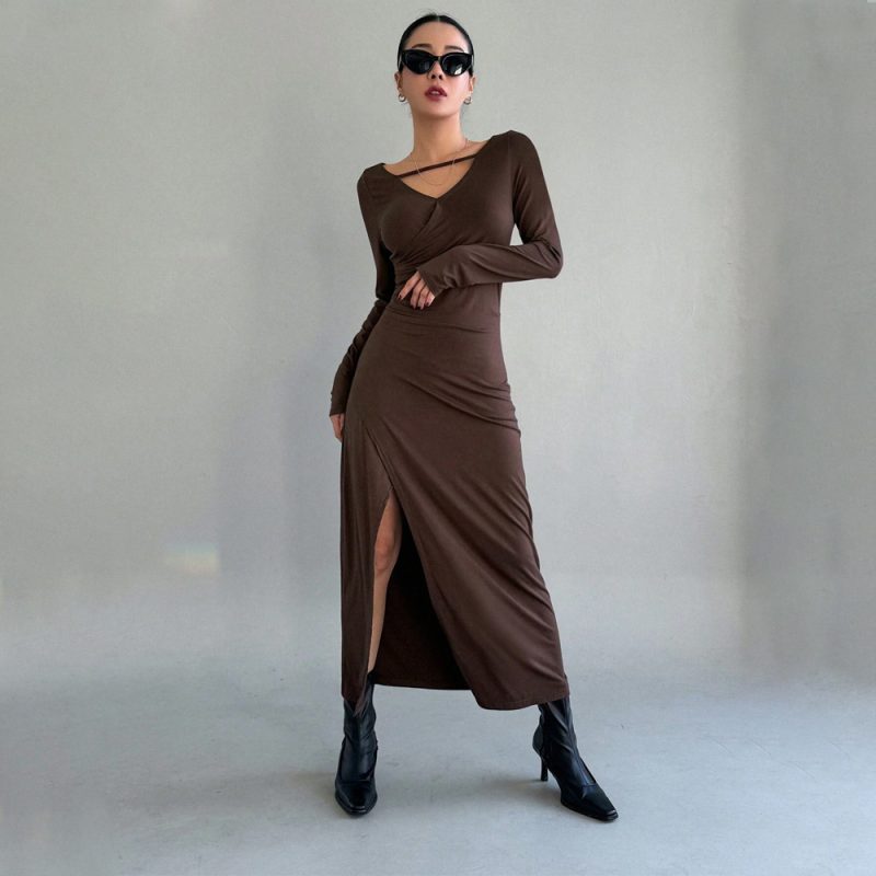 Chic French Brown Knitted Maxi Dress