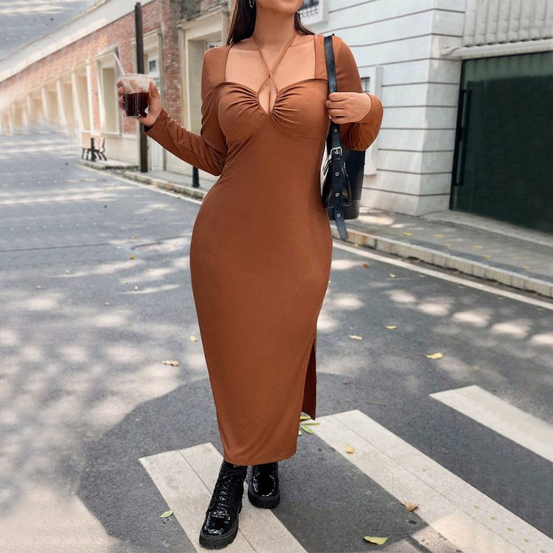 Plus Size Sexy Halter V-Neck Knit Dress