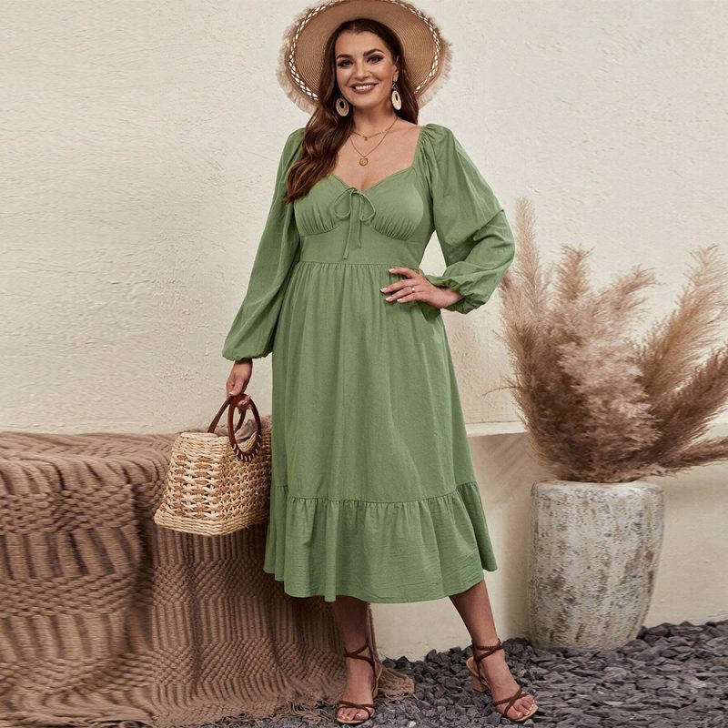 Pastoral Style Plus Size Long Sleeve Dress with Chicken Collar and Waist Tie