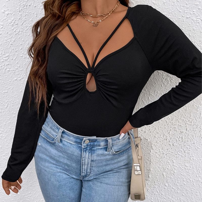 Plus Size Knitted Lace-Up Cutout T-Shirt