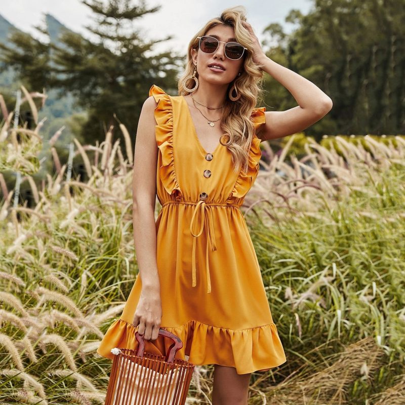 Yellow V-Neck Lace-up Summer Dress - Flounce Bubble