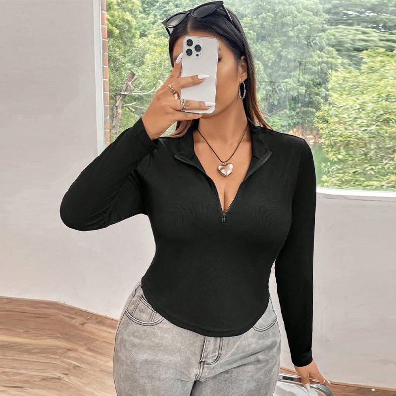 Plus Size Solid Color Zipper Long Sleeve Top