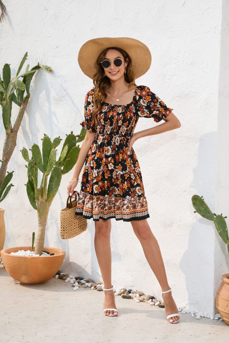 Waist Tight Floral Printed Dress