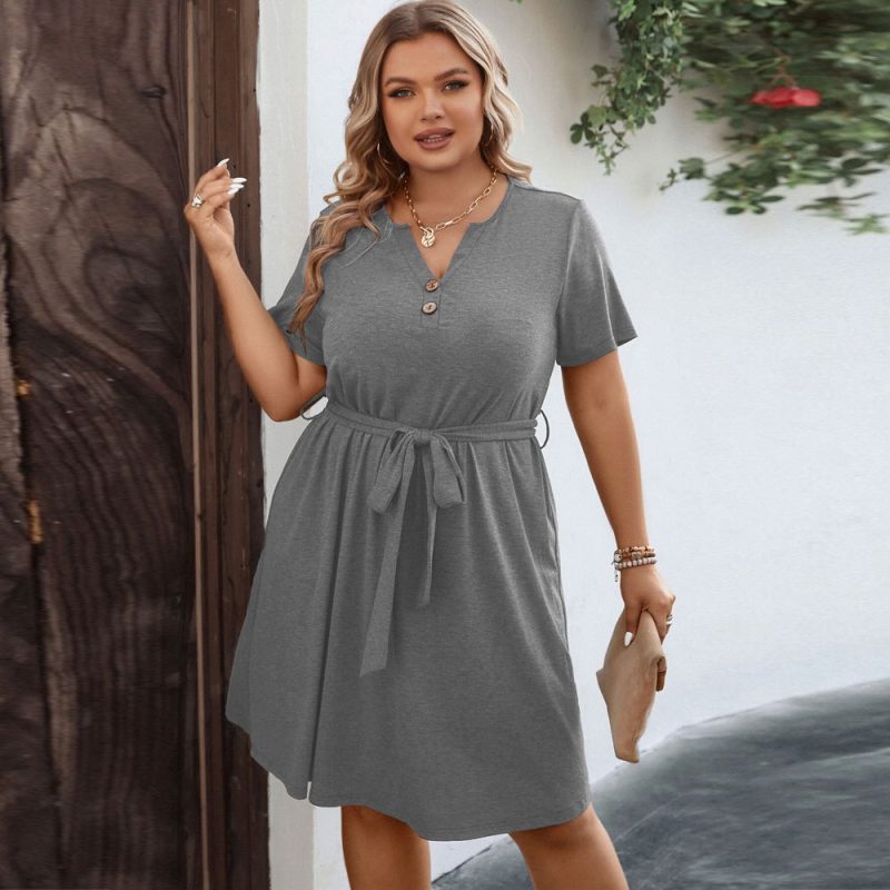 Plus Size V-Neck Belt A-Line Dress