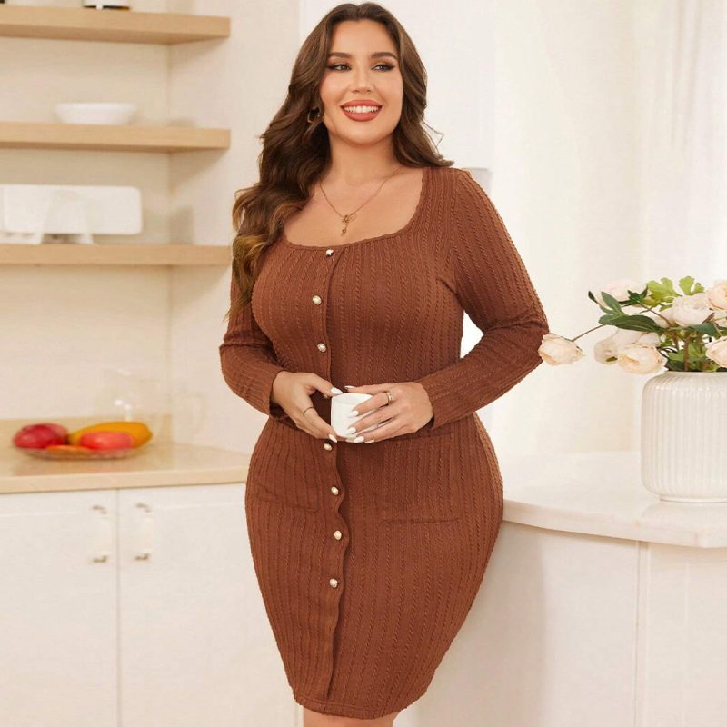 Plus Size Slim Fit Square Collar Sexy Dress