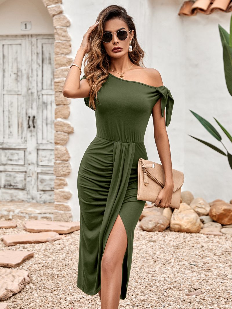 Knitted Diagonal Collar Slit Dress - Casual Chic