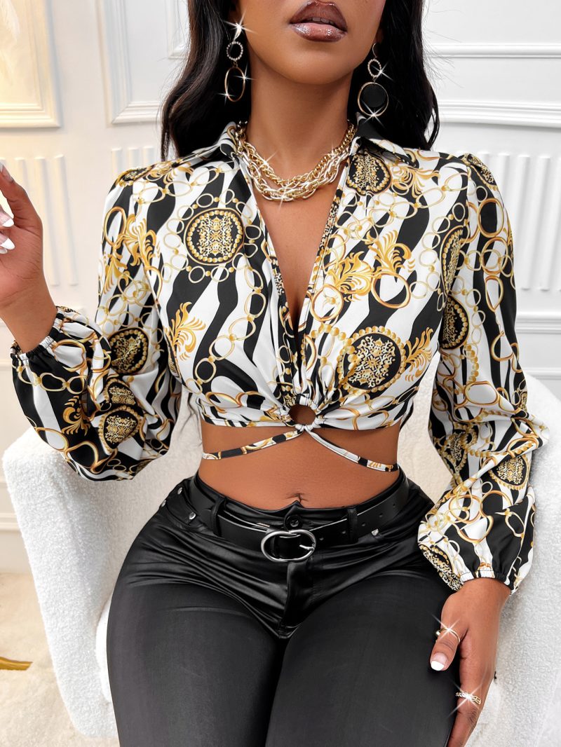 Printed Slim Fit Tied Long Sleeve Shirt - Sexy Trend