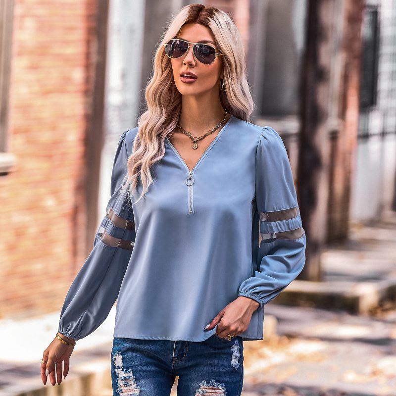 Hollowed Out V-Neck Pullover Shirt - Women's Autumn Tops