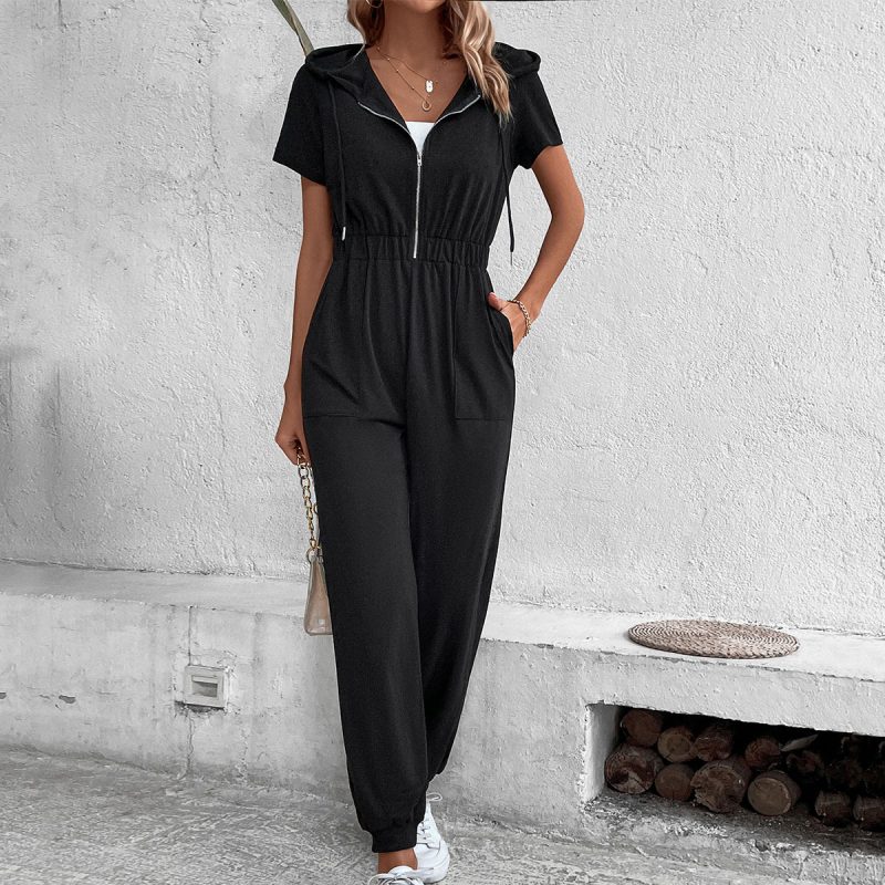 Hooded Solid Color Summer Jumpsuit