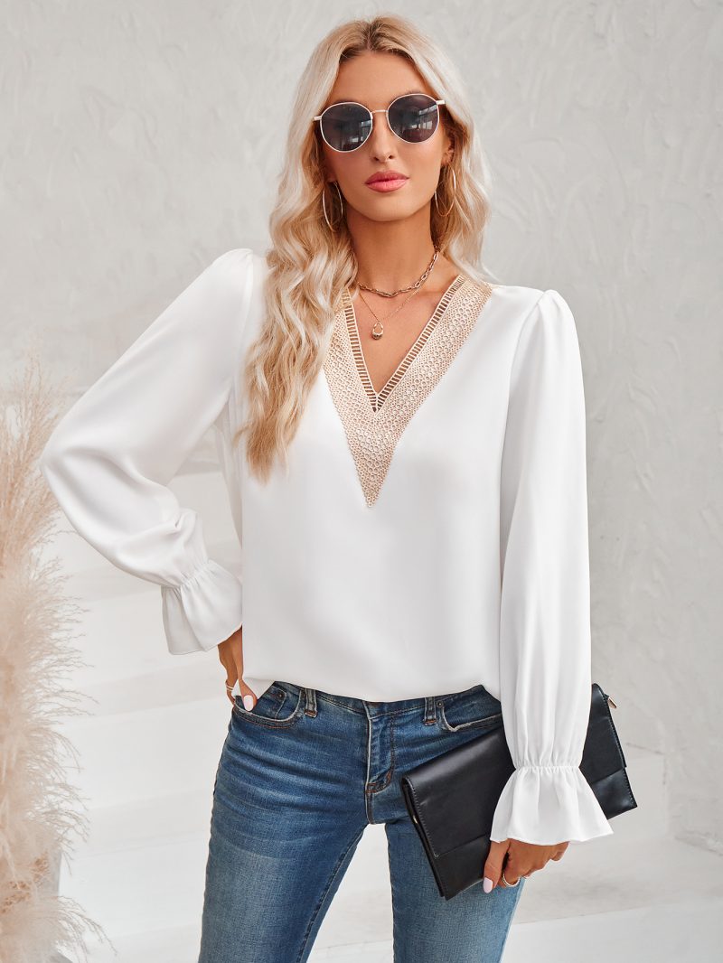 V-Neck Lace Ruffle Sleeve Top - Winter Chic