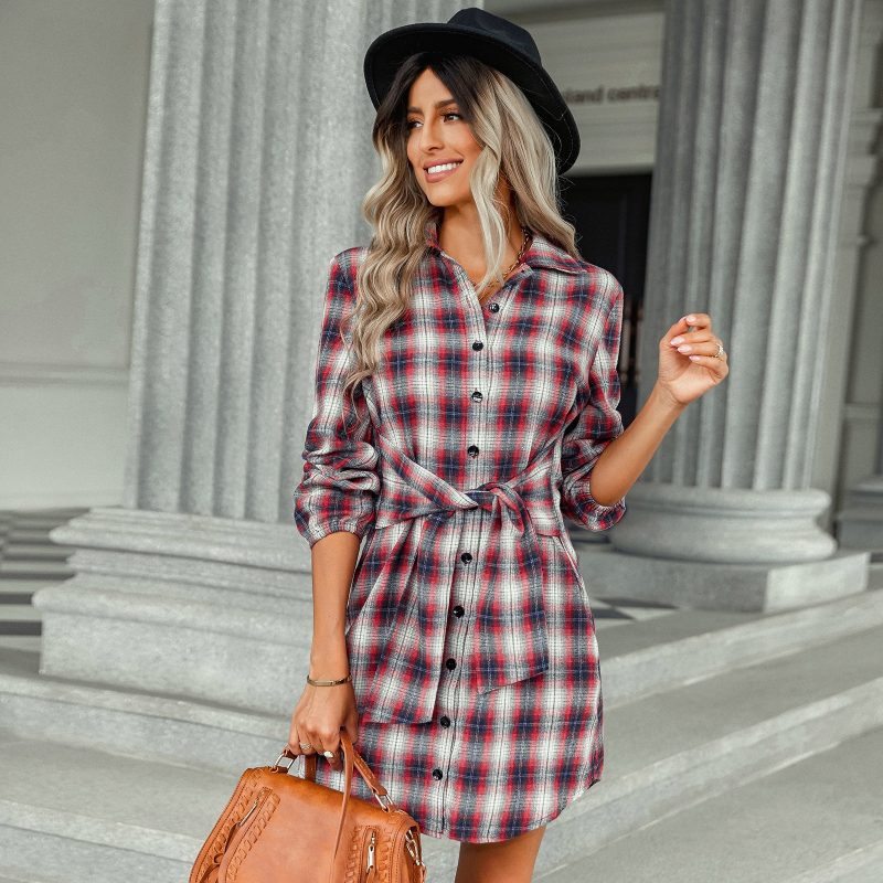 Lace-up Waist Plaid Dress: Cozy & Stylish