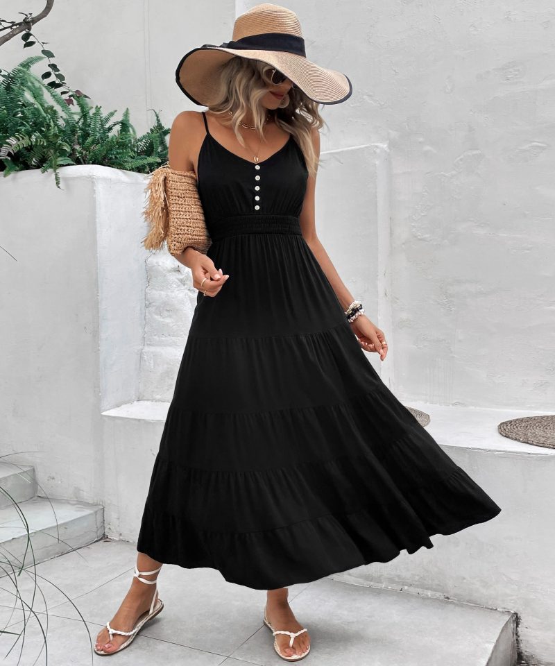 Summer Black Camisole Mid-Length Maxi Dress for Women