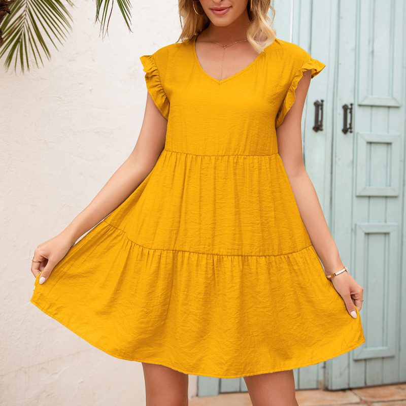 Summer Loose V-Neck Wooden Ear Sleeve Dress for Women