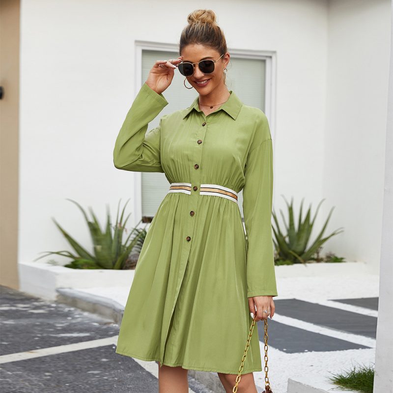 Spring Solid Color Shirt Collar Long Sleeve Casual Dress for Women