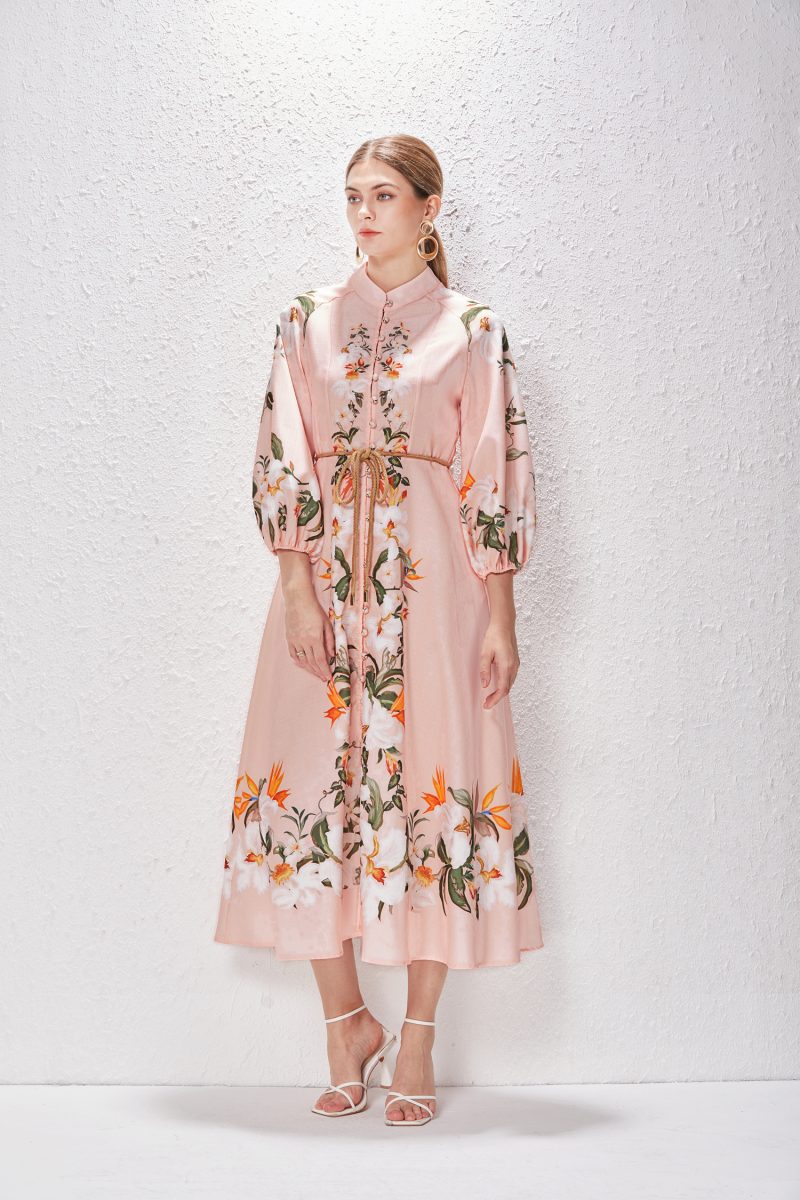 Printed Stand Collar Lantern Sleeve Long Dress