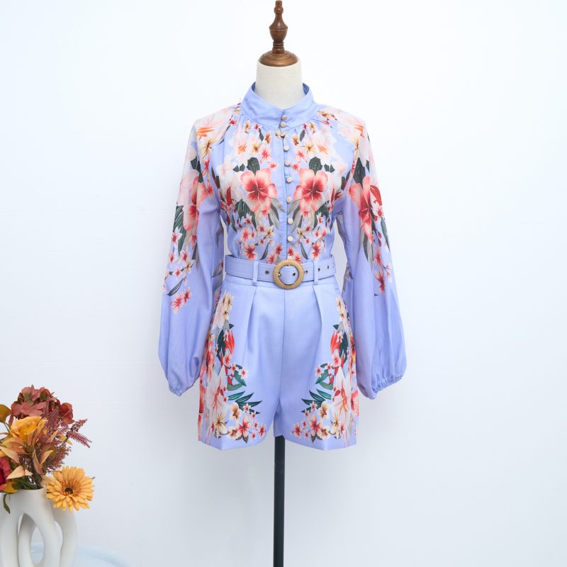 Blue Positioning Printed Collar Shirt Shorts Set