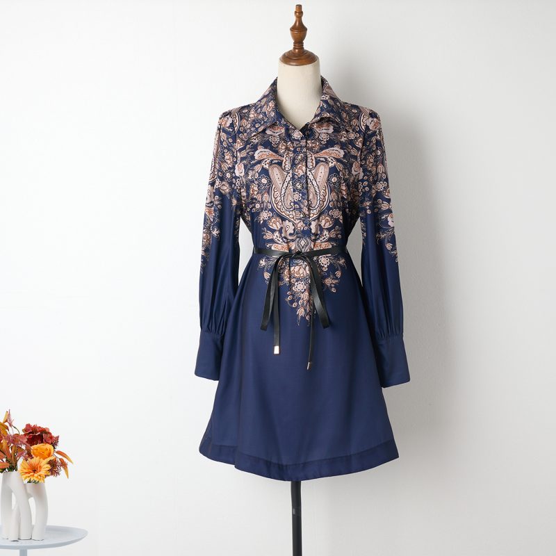 Navy Blue Lantern Sleeve Printed Dress with Lapel and Lace-Up Detail