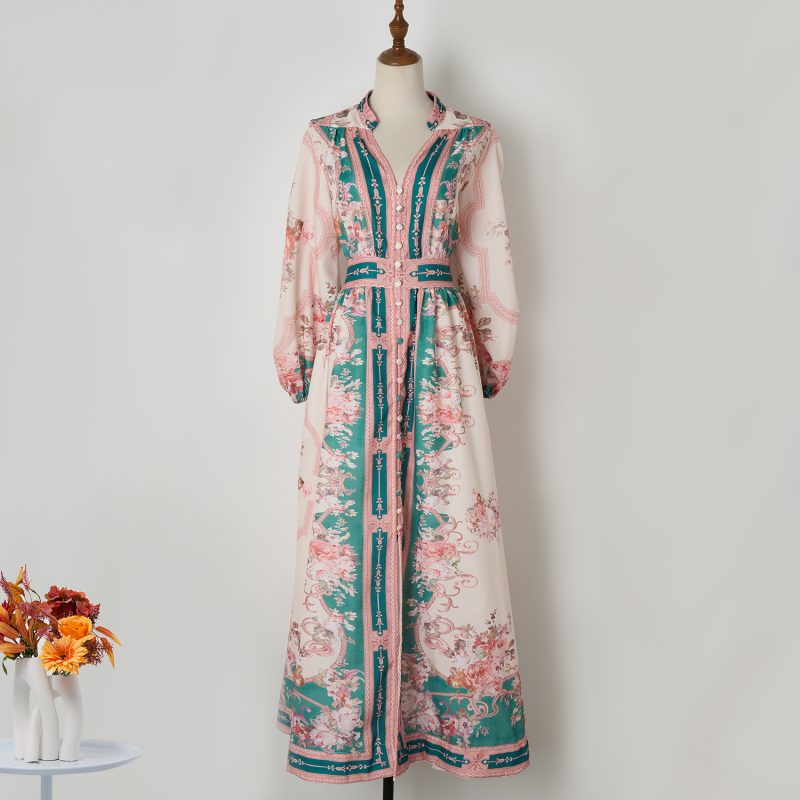 Elegant Vacation Style Retro Long Dress with Positioning Print