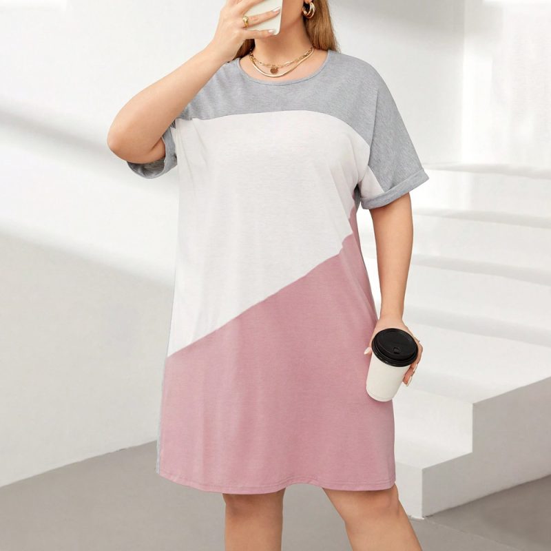 Plus Size Round Neck Contrast Color Casual Dress