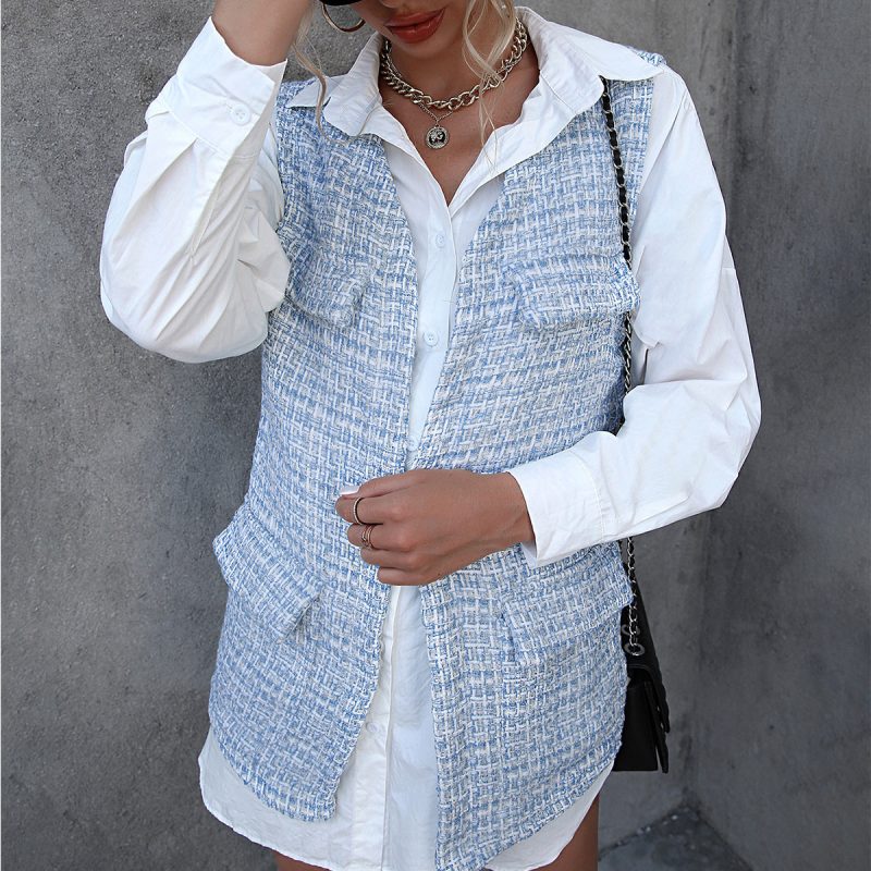 Houndstooth Design Mid-Length Cardigan Vest Pocket Coat for Women