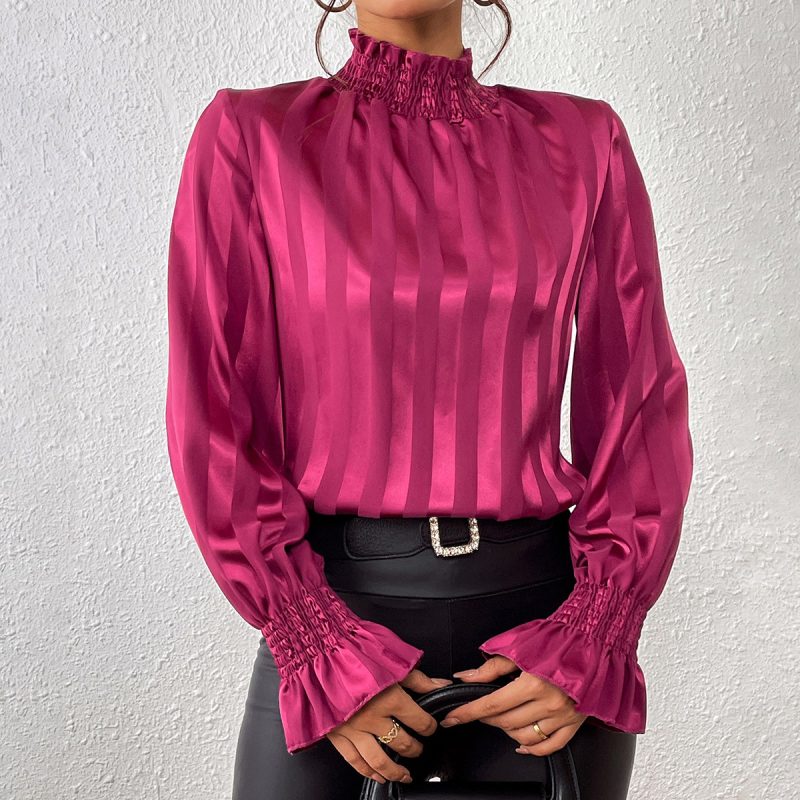 Early Spring Women Clothing Loose Slimming Long Sleeves Shirt Satin Embellished