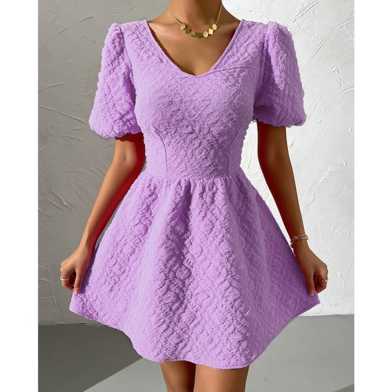 Solid Color V-neck Puff Sleeve Dress