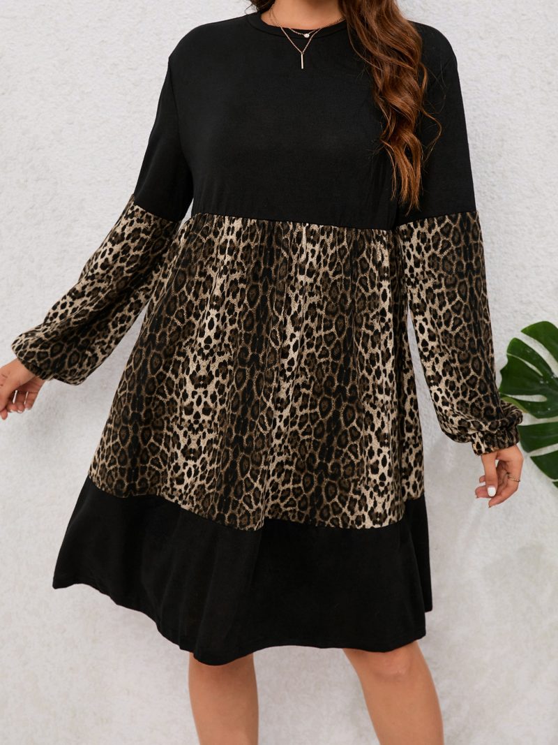 Leopard Splicing Long Sleeve Women's Dress