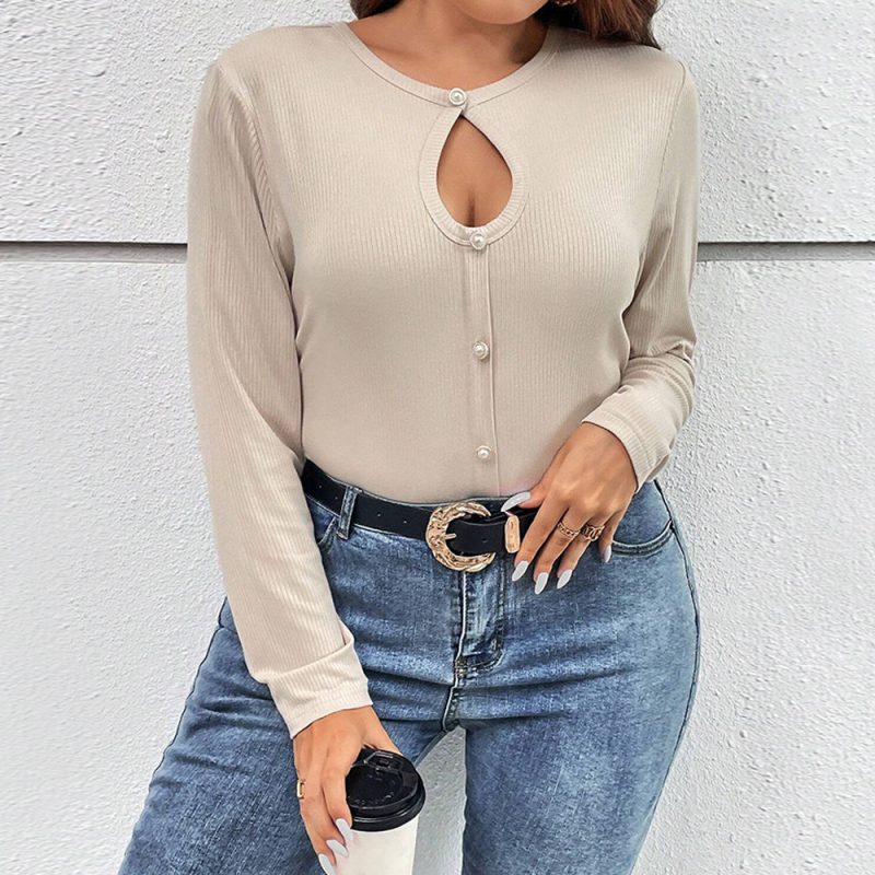 Plus Size Autumn Winter Sexy Hollow Out Buttoned Long Sleeve T-Shirt