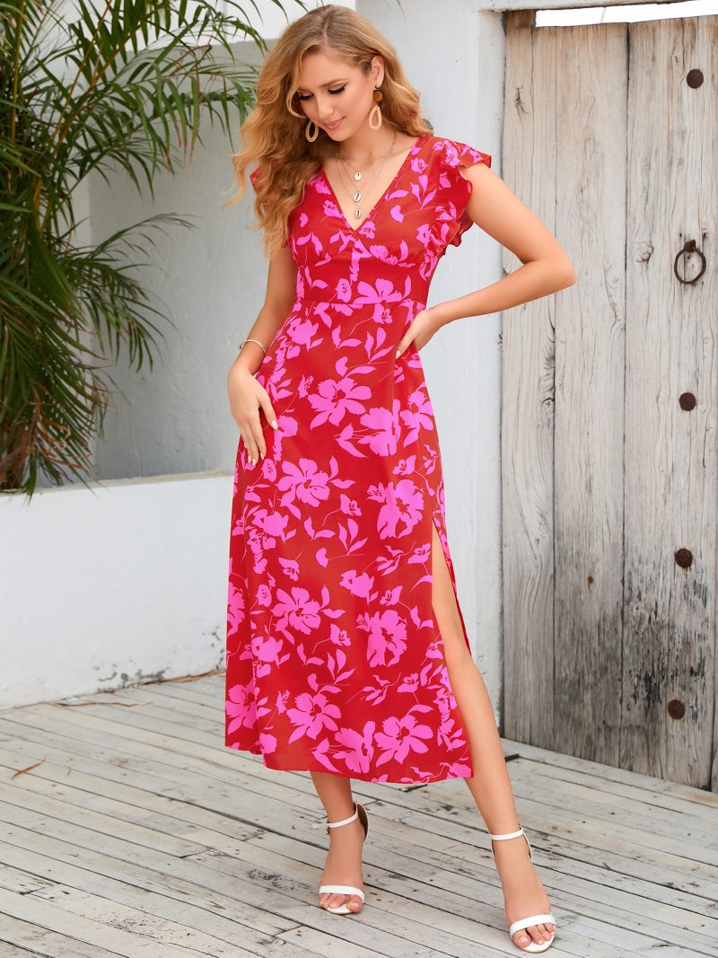 Elegant Russian Summer Printed Midi Dress with V-Back