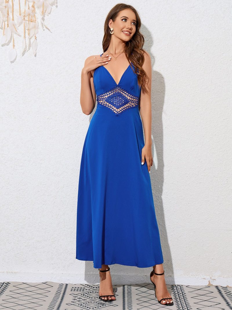 Waist Cutout Lace Stitching Sling Backless Zipper Sleeveless Swing Dress