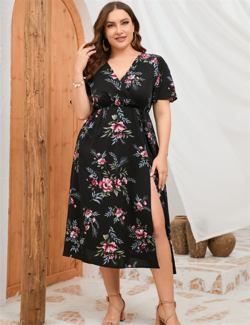 Summer Plus Size Dress: Short Sleeve Staggered Waist High Waist Front Split Dress