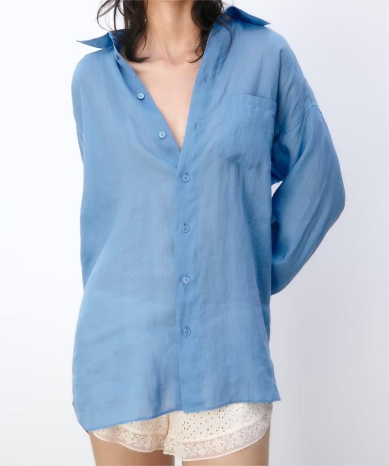 Spring Women Collared Pocket Long Sleeve Loose Shirt Top